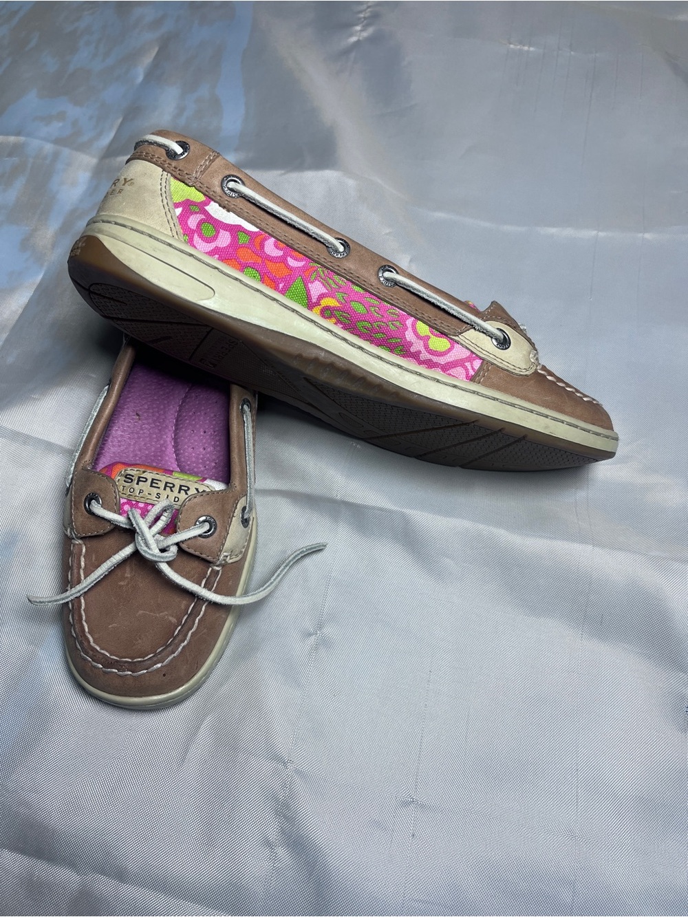 Sperry Brown Leather Boat Shoes with Pink Floral Panels